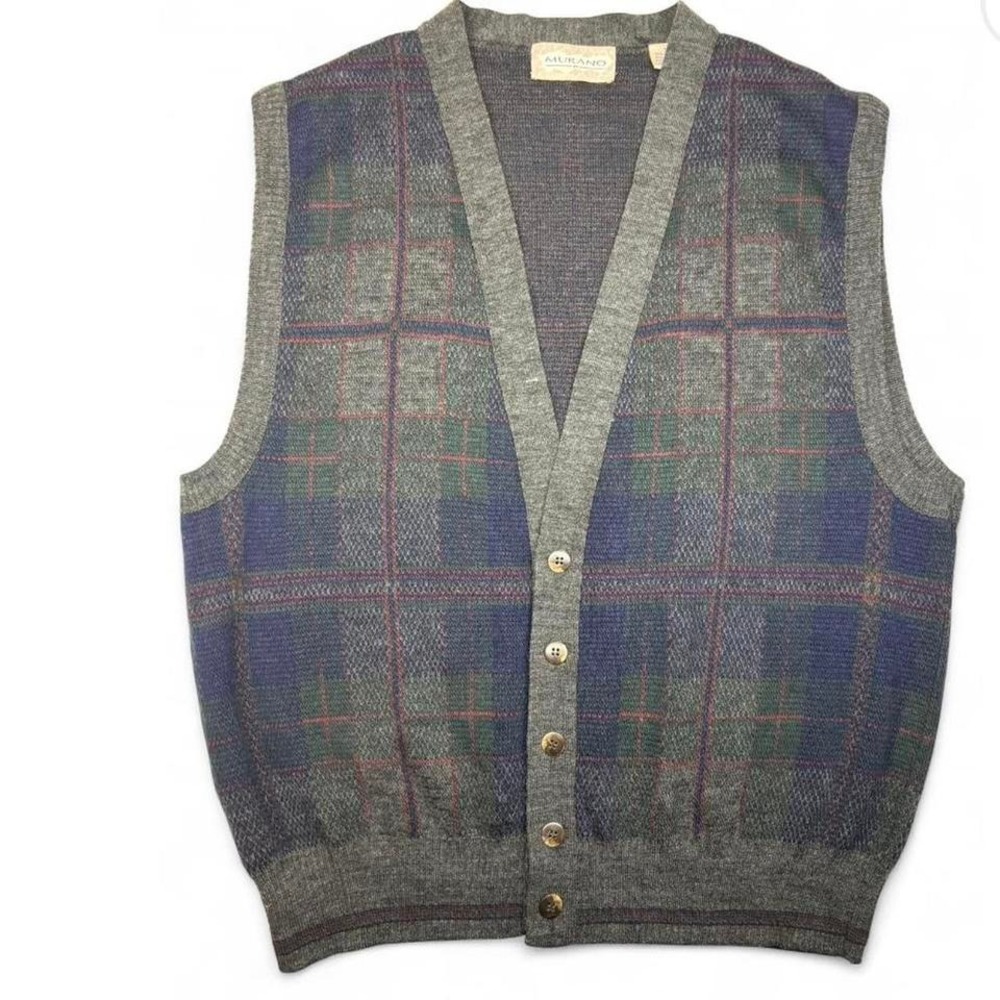VTG 80s Murano Mens Plaid Wool Button Sweater Vest Medium Preppy Academia Italy